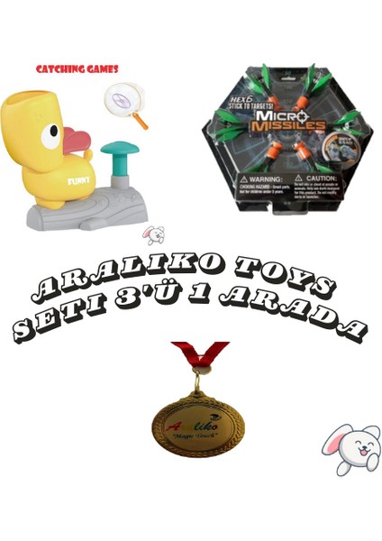 Özel Araliko Toys Seti 3'ü 1 Arada (Catching Games Sarı Köpek Uçan Disk Yakalama + Micro Missiles Parmak Sapanı 6'lı Hex6 + Araliko Madalyası)