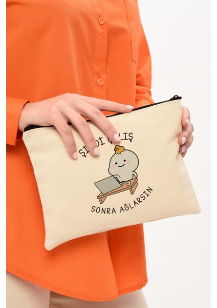 Clutch Sonra Ağlarsın Baskılı Kanvas Makyaj Çantası