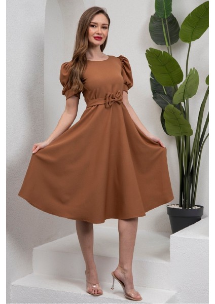 Kamel Karpuz Kol Kloş Midi Boy Krep Elbise