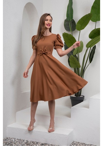 Kamel Karpuz Kol Kloş Midi Boy Krep Elbise fiyatları