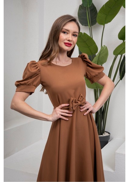 Kamel Karpuz Kol Kloş Midi Boy Krep Elbise modelleri