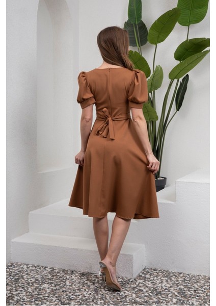 Kamel Karpuz Kol Kloş Midi Boy Krep Elbise fırsatları