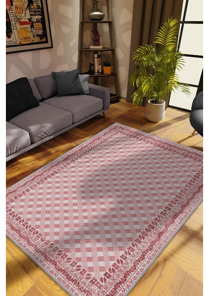 Etnik Desenli Pembe Renkli Halı Vintage Bordürlü Halı Geometrik Desenli Dijital Baskı Halı