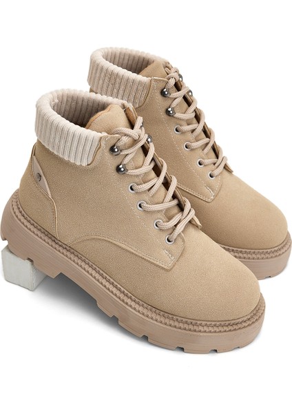 Kadın Bej Süet Kadın Rahat Kalıp Kısa Bağcıklı Süet Bot