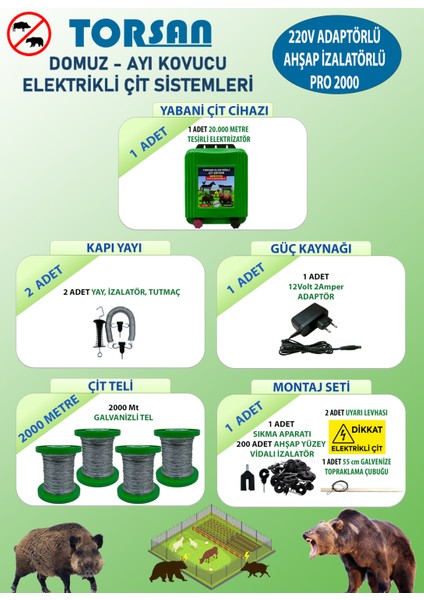 220V Adaptörlü Pro 2000 Elektrikli Çit Sistemi ( Domuz - Ayı Kovucu ) 2000MT