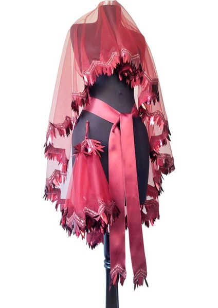 Bordo Gelin Duvağı Seti, Düğün Yüz Örtüsü, Kına Gecesi Nikah Duvak Kuşak Gelin Mendili