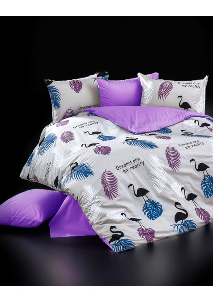 Flamingo Pelikan Desenli Lila-Mor Çarşaflı 4 Yastık Kılıflı /ranforce Çift Kişilik Nevresim Takımı
