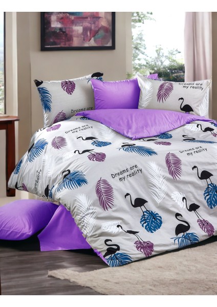 Flamingo Pelikan Desenli Lila-Mor Çarşaflı 4 Yastık Kılıflı /ranforce Çift Kişilik Nevresim Takımı