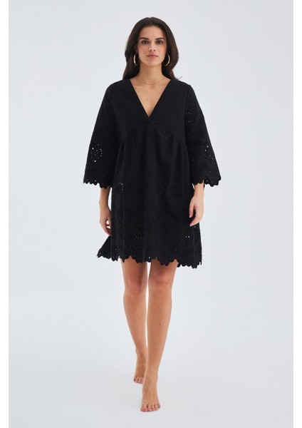 Hiromi Dress Pamuk 3/4 Kol Diz Hizası Yazlık Kadın Elbise siyah