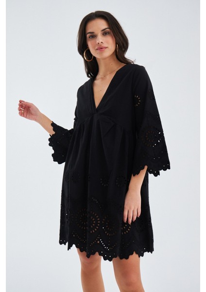 Hiromi Dress Pamuk 3/4 Kol Diz Hizası Yazlık Kadın Elbise siyah fiyatları