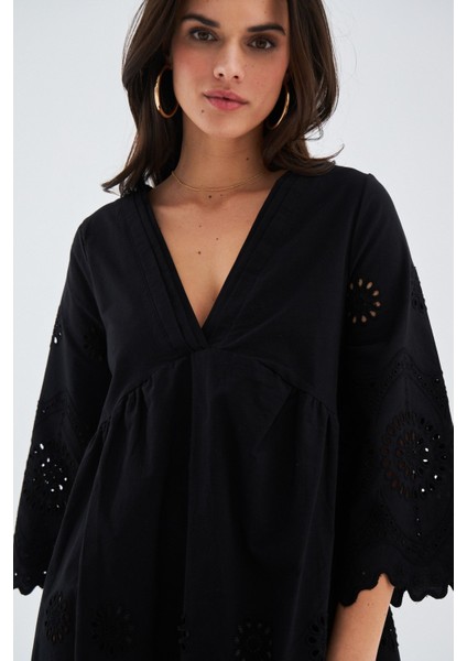 Hiromi Dress Pamuk 3/4 Kol Diz Hizası Yazlık Kadın Elbise siyah modelleri