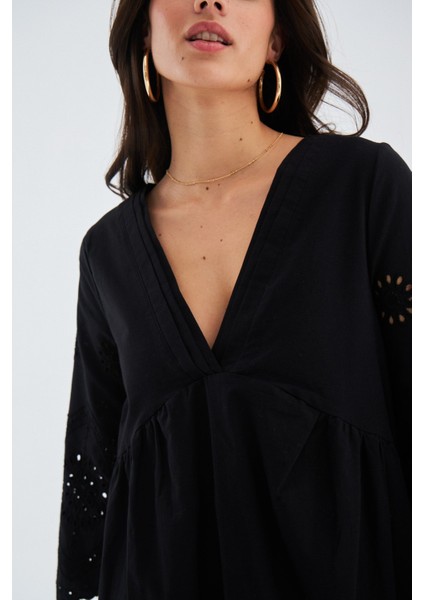 Hiromi Dress Pamuk 3/4 Kol Diz Hizası Yazlık Kadın Elbise siyah fırsatları