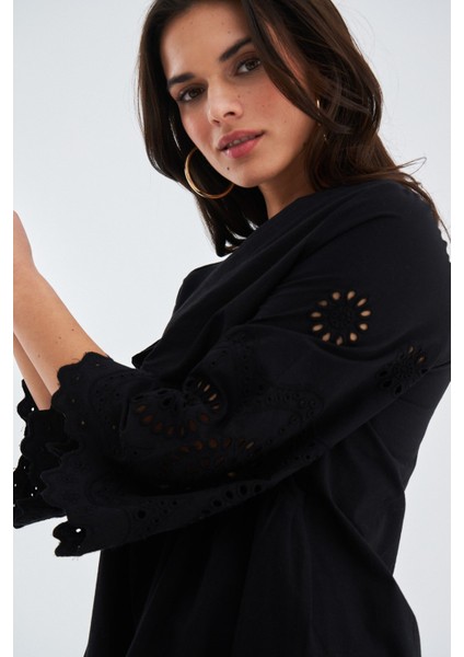 Hiromi Dress Pamuk 3/4 Kol Diz Hizası Yazlık Kadın Elbise siyah indirimleri