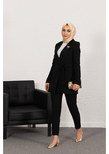 Ceketi Yandan Bağlamalı Pantolon Takım Siyah