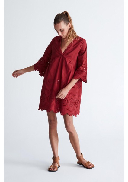 Hiromi Dress Pamuk 3/4 Kol Diz Hizası Yazlık Kadın Elbise magenta