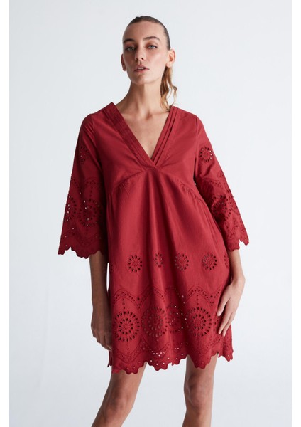 Hiromi Dress Pamuk 3/4 Kol Diz Hizası Yazlık Kadın Elbise magenta fırsatları