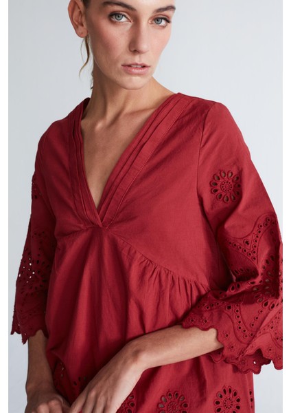 Hiromi Dress Pamuk 3/4 Kol Diz Hizası Yazlık Kadın Elbise magenta indirimleri