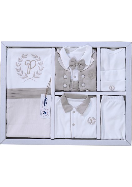 Erkek Bebek Kahverengi Hastane Çıkışı Papyon Yelekli 10 Lu Set STL6452