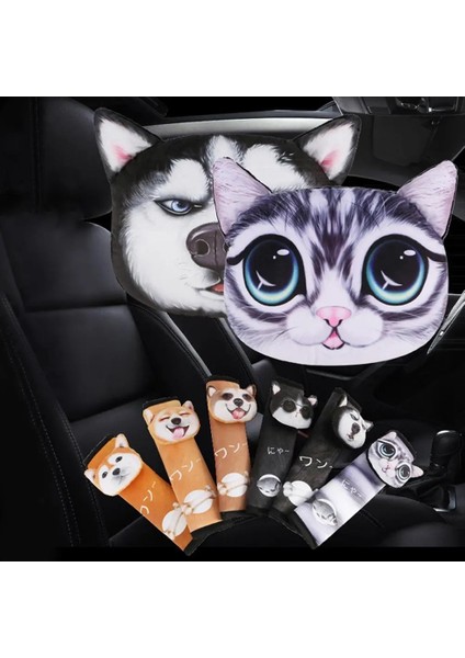 Bir Stil 1 Adet Araba Kafalık Yastık Emniyet Kemerleri Kapak Dolgu 3D Baskılı Köpek Kedi Yüz Sevimli Boyun Istirahat Oto Boyun Güvenlik Yastığı (Yurt Dışından) fiyatları