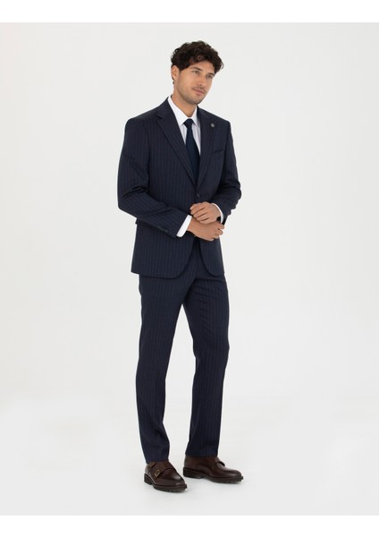 Erkek Lacivert Slim Fit Çizgili Yünlü Takım Elbise 50279322-VR033 modelleri