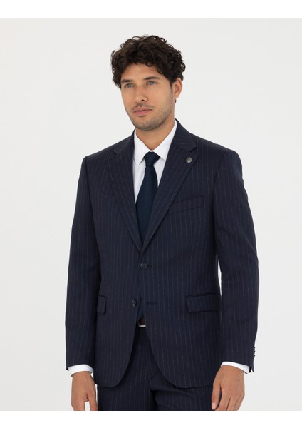 Erkek Lacivert Slim Fit Çizgili Yünlü Takım Elbise 50279322-VR033 fırsatları