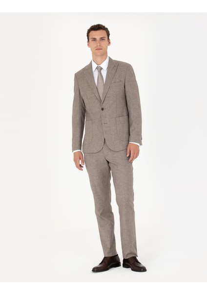 Erkek Açık Kahverengi Slim Fit Yün Karışımlı Takım Elbise 50273542-VR002