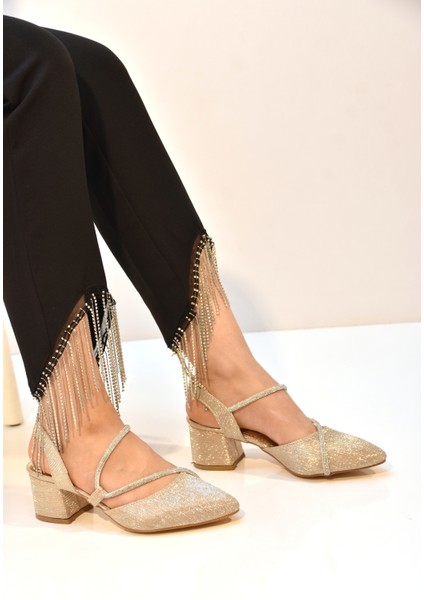 (Wiesse) Taş Biye Detaylı Kalın Topuklu Kadın Ayakkabı Altın modelleri