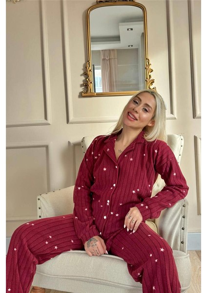 Bordo Eclipse Desenli Önden Düğmeli Peluş Polar Pijama Takımı fiyatları