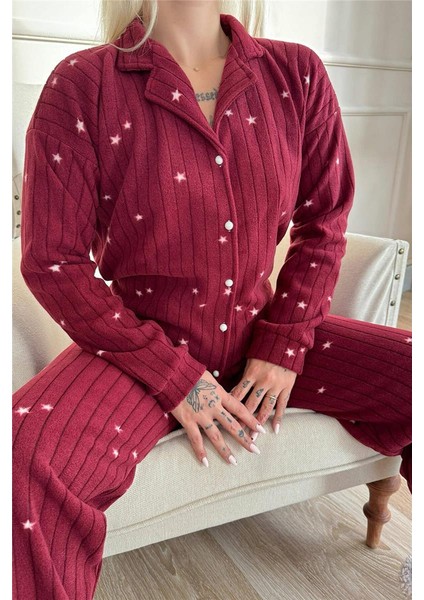 Bordo Eclipse Desenli Önden Düğmeli Peluş Polar Pijama Takımı fırsatları