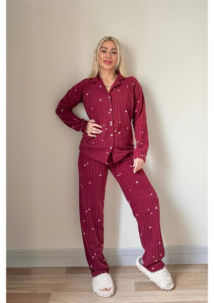 Bordo Eclipse Desenli Önden Düğmeli Peluş Polar Pijama Takımı indirimleri