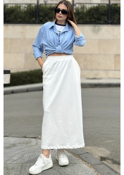 Kadın Ekru Beli Lastikli, Rahat Kalıp, Cepli Uzun Etek