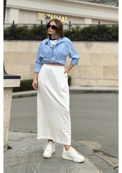 Kadın Ekru Beli Lastikli, Rahat Kalıp, Cepli Uzun Etek modelleri