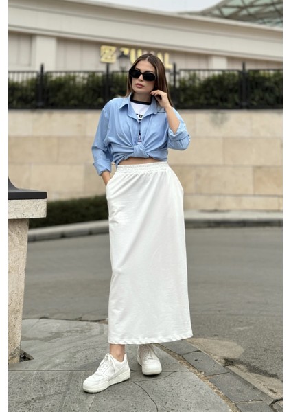 Kadın Ekru Beli Lastikli, Rahat Kalıp, Cepli Uzun Etek fırsatları