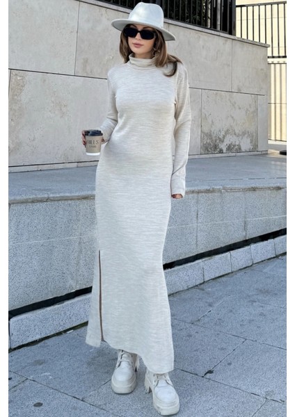 Kadın Bej Bogazlı, Yırtmaç Detaylı, Vucuda Oturan Kalıp, Triko Elbise