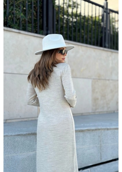 Kadın Bej Bogazlı, Yırtmaç Detaylı, Vucuda Oturan Kalıp, Triko Elbise fiyatları