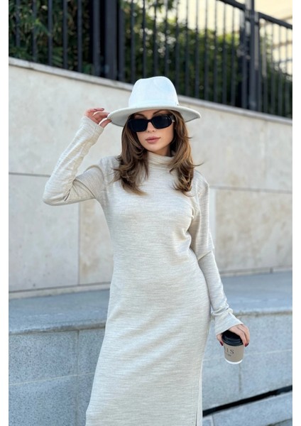 Kadın Bej Bogazlı, Yırtmaç Detaylı, Vucuda Oturan Kalıp, Triko Elbise fırsatları