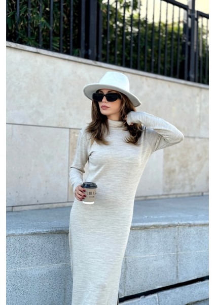 Kadın Bej Bogazlı, Yırtmaç Detaylı, Vucuda Oturan Kalıp, Triko Elbise indirimleri