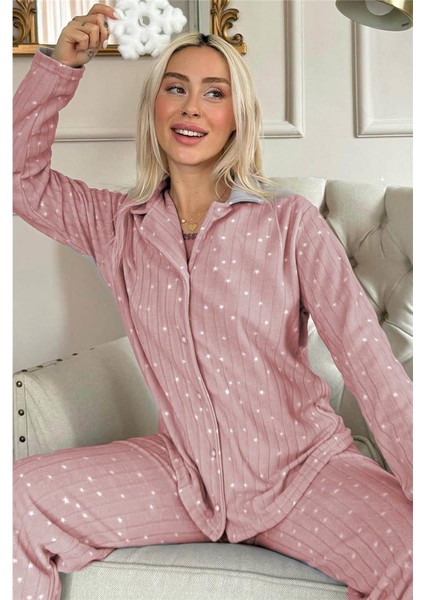 Pembe Lune Desenli Önden Düğmeli Peluş Polar Pijama Takımı