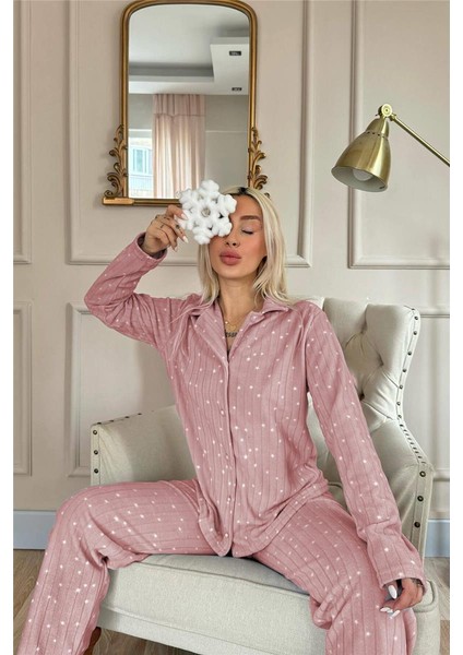 Pembe Lune Desenli Önden Düğmeli Peluş Polar Pijama Takımı fırsatları