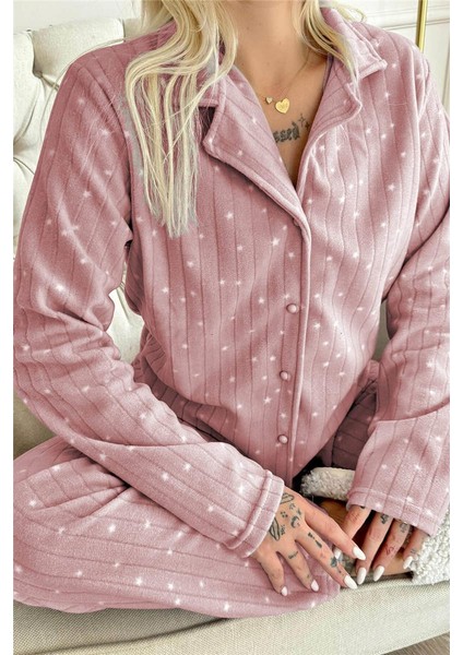 Pembe Lune Desenli Önden Düğmeli Peluş Polar Pijama Takımı indirimleri