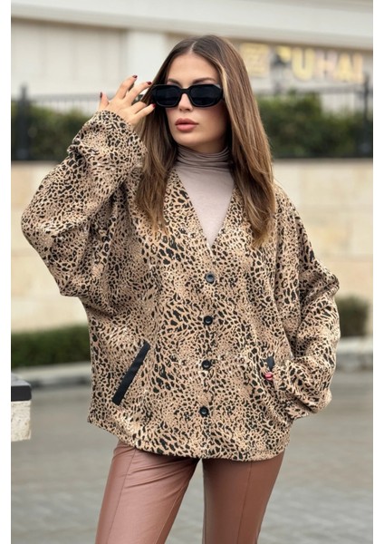 Kadın Camel Leopar Desenli, Premium Kumaş, Salaş Ceket