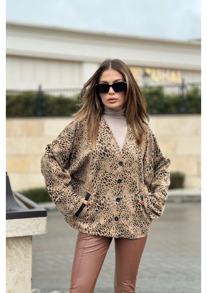 Kadın Camel Leopar Desenli, Premium Kumaş, Salaş Ceket modelleri