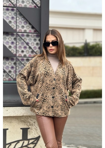 Kadın Camel Leopar Desenli, Premium Kumaş, Salaş Ceket fırsatları