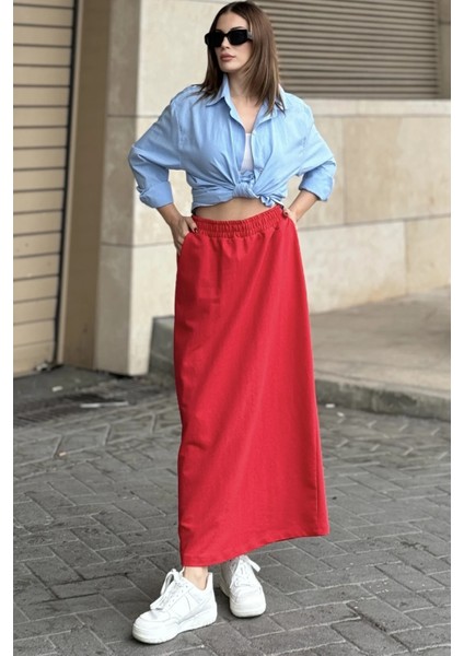 Kadın Kırmızı Beli Lastikli, Rahat Kalıp, Cepli Uzun Etek