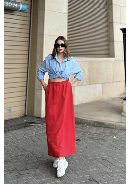 Kadın Kırmızı Beli Lastikli, Rahat Kalıp, Cepli Uzun Etek fiyatları