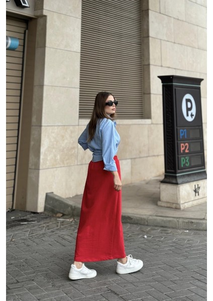 Kadın Kırmızı Beli Lastikli, Rahat Kalıp, Cepli Uzun Etek modelleri