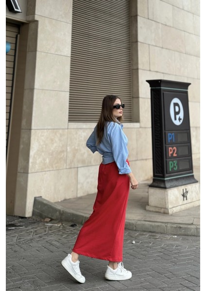 Kadın Kırmızı Beli Lastikli, Rahat Kalıp, Cepli Uzun Etek fırsatları