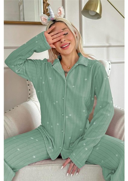 Yeşil Eclipse Desenli Önden Düğmeli Peluş Polar Pijama Takımı