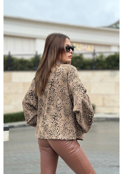 Kadın Camel Leopar Desenli, Premium Kumaş, Salaş Ceket fiyatları