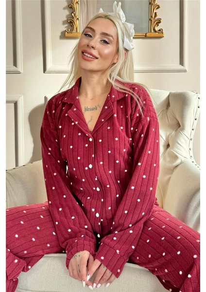 Bordo Dotted Desenli Önden Düğmeli Peluş Polar Pijama Takımı